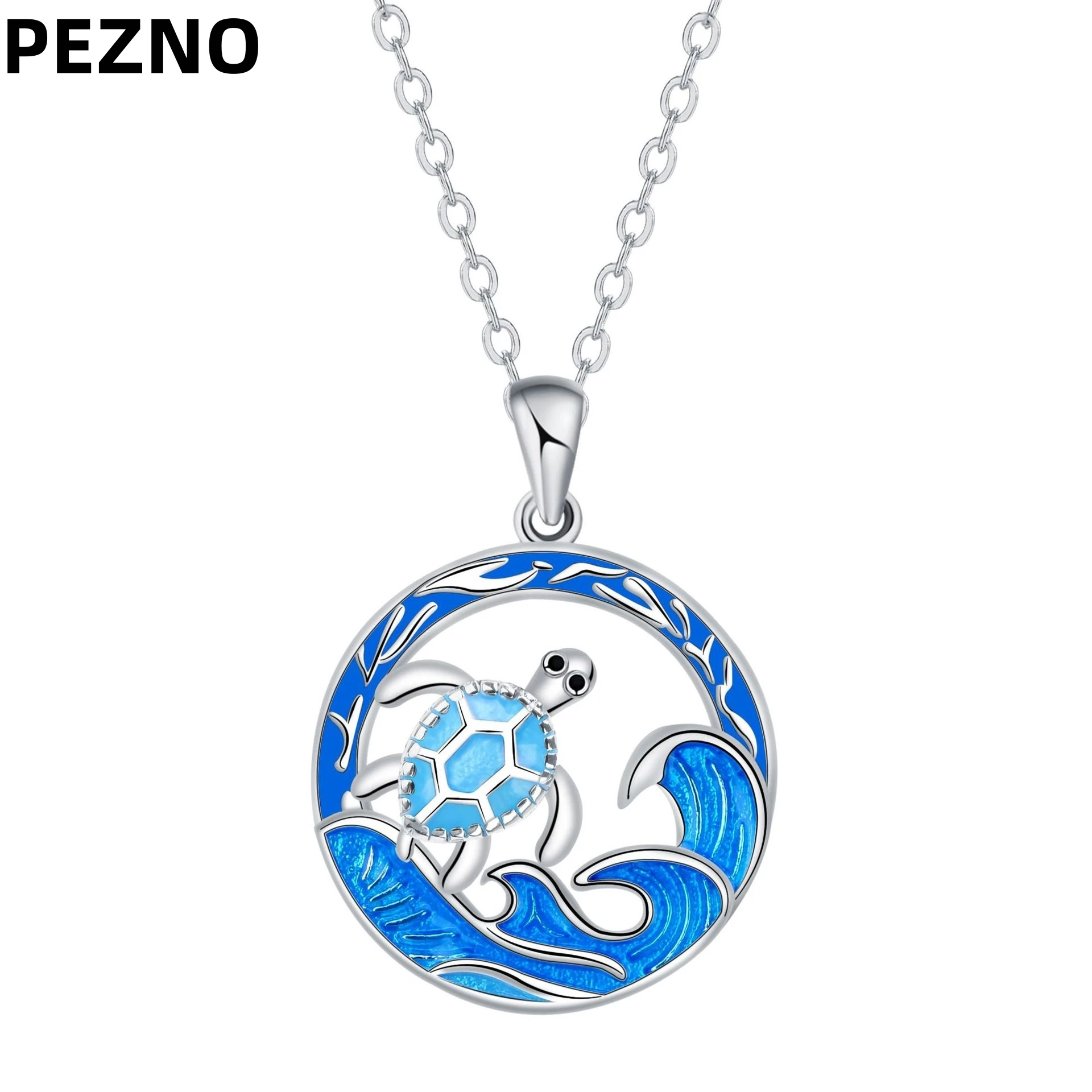 

PEZNO Sea Turtle Wave Round Pendant Necklace Stainless Steel Chain with Cubic Zirconia Ocean Theme Jewelry Gift for Women