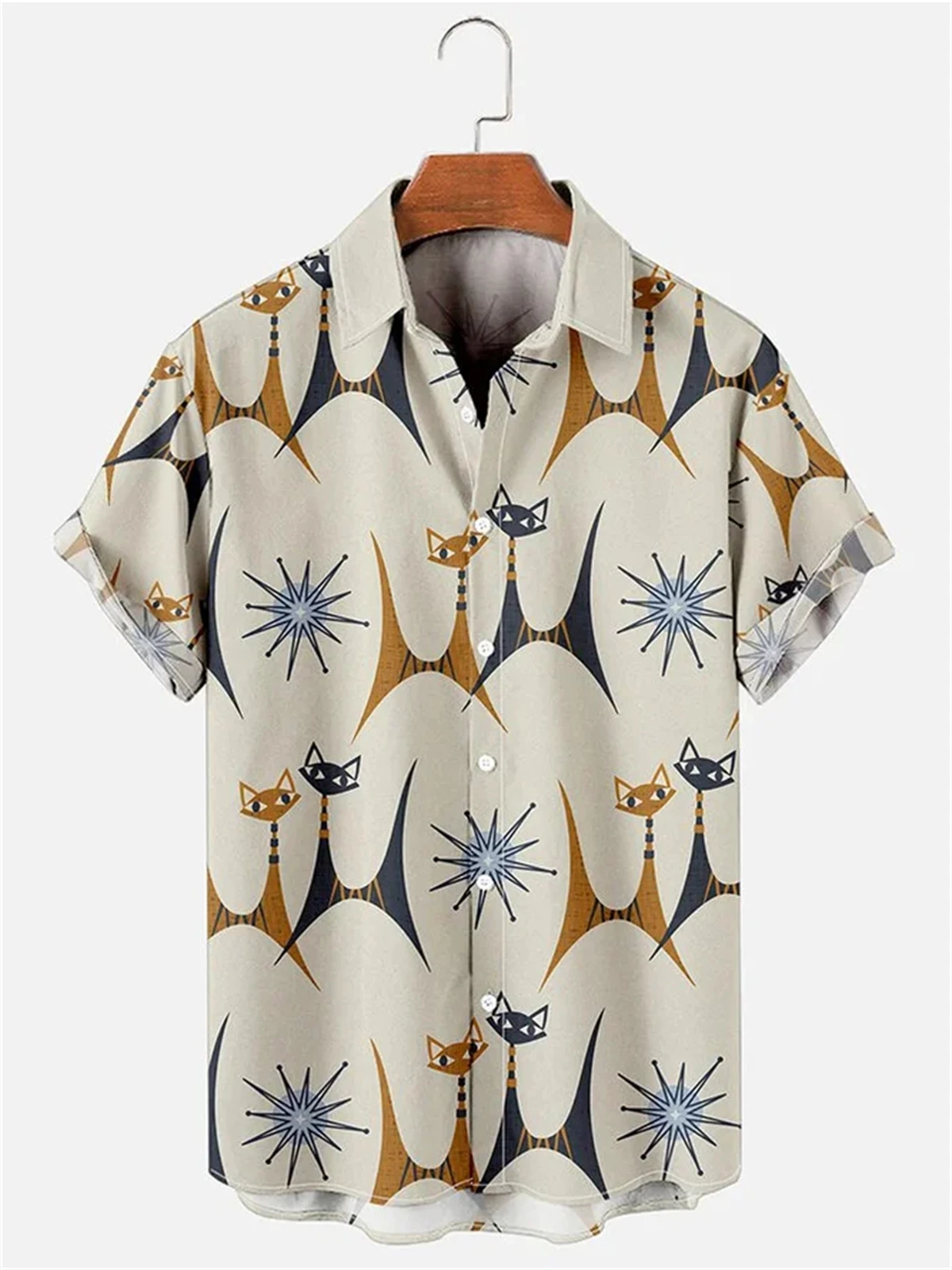 

Abstract Cat Print Men's Short Sleeve Shirt Hawaiian Men's Fashion Lapel Top 2026 New Plus Size Casual Men's Shirt