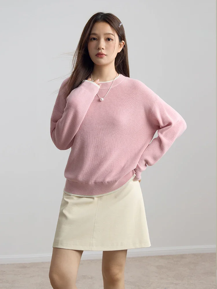 DUSHU Simple Style Fake Two-piece Knitted Sweater for Women Winter New Wool Blended Cozy Sense Bottoming Shirt Pullover Female