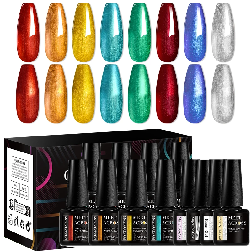 

MEET ACROSS 12Pcs/Set 7ml Metallic Gel Nail Polish With Base Top Coat Super Bright Mirror Effect UV Gel Nail Art Kit Varnish