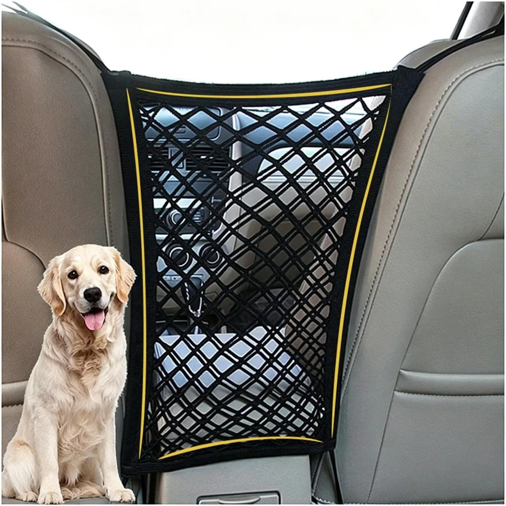Dog Car Net Barrier Pet Barrier with Car Mesh Organizer for Dog & Child, Safety Divider with Upgraded Storage Pouch, Easy Install for Cars & SUVs