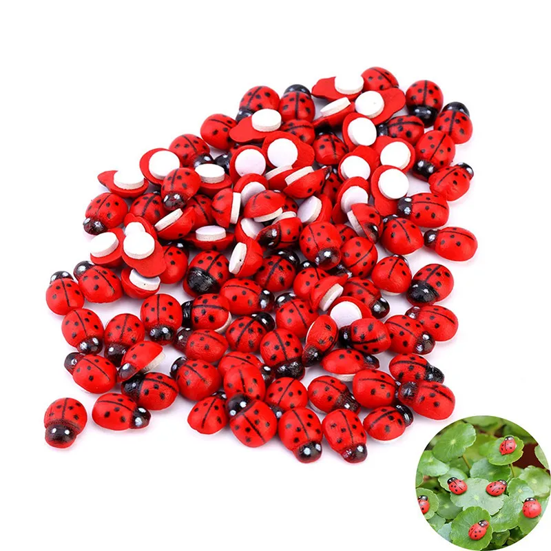 

100pcs DIY Micro Landscape Mossy Fleshy Small Ornaments Cartoon Red Beetle Seven Star Ladybug Wooden Crafts Home Decor