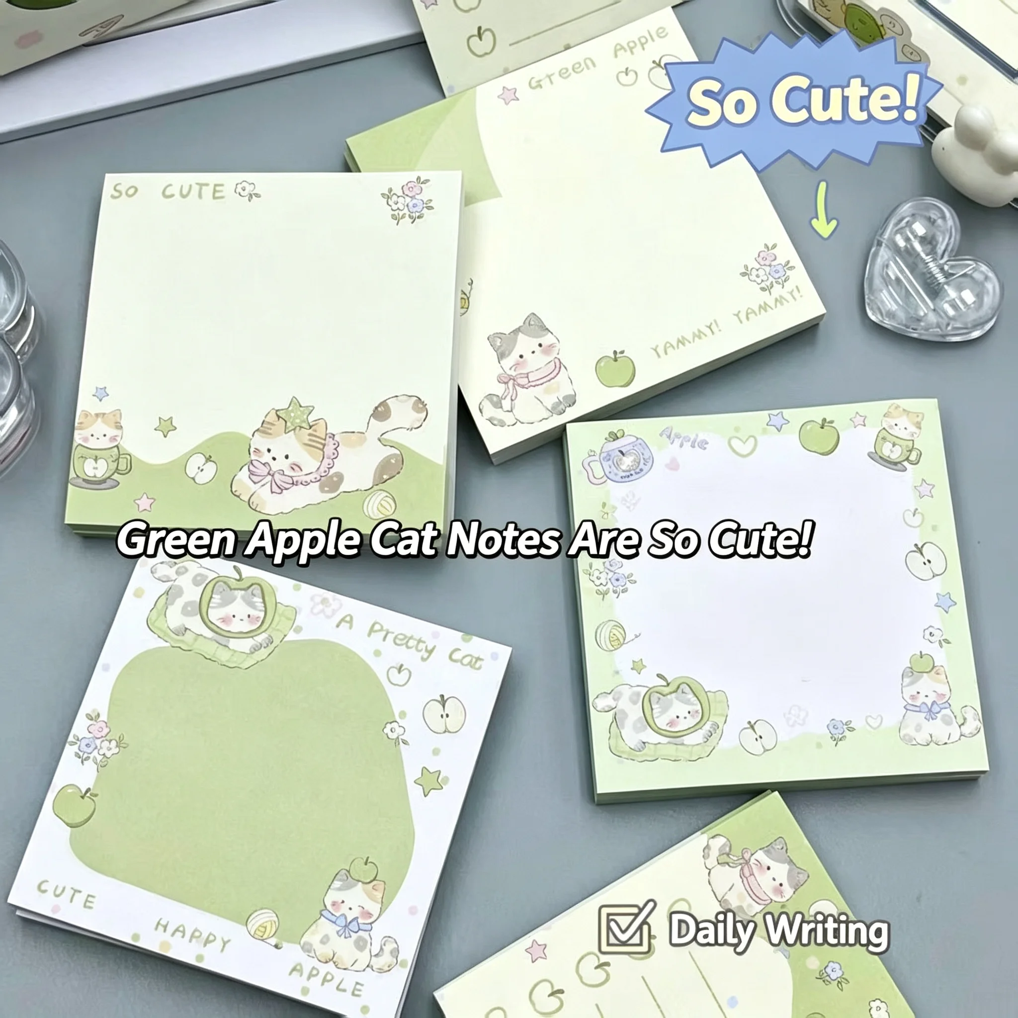 5pcs Green Apple Sticky Notes Kawaii Cartoon Cat Memo Pad Self-Adhesive Notepad for Journal Planner School Office Stationery