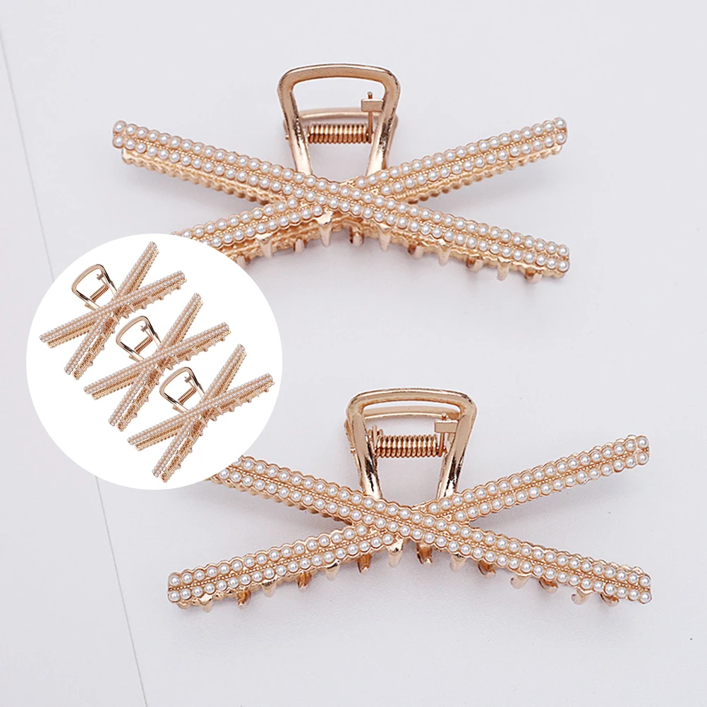 

3 Pcs Pearl Metal Hair Claws Elastic Clips Women Accessories Alloy Holders Durable Materials Strong Teeth Practical Occasions