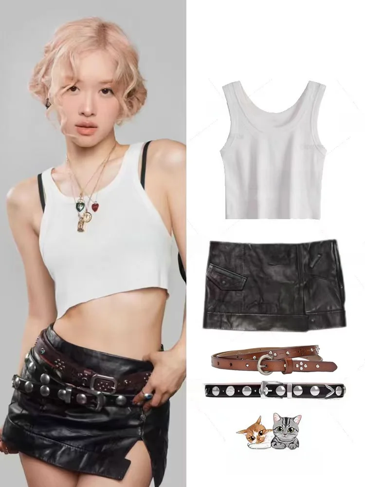 

Rose APT Short Skirt Set with Nail Waist Belt And White Vest Split Leather Skirt And Vest Set for Women