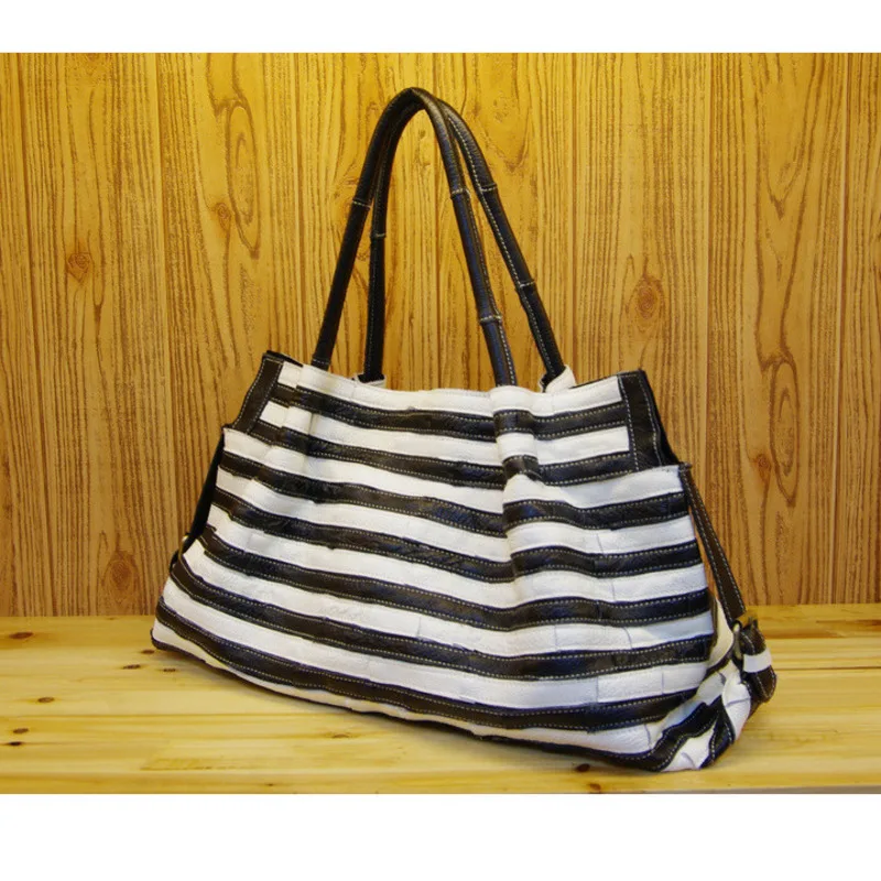 KK 2024 New Genuine Leather Women's Handbag Top grade Cowhide Casual Fashion Versatile Stripe Splicing Single Shoulder Crossbody