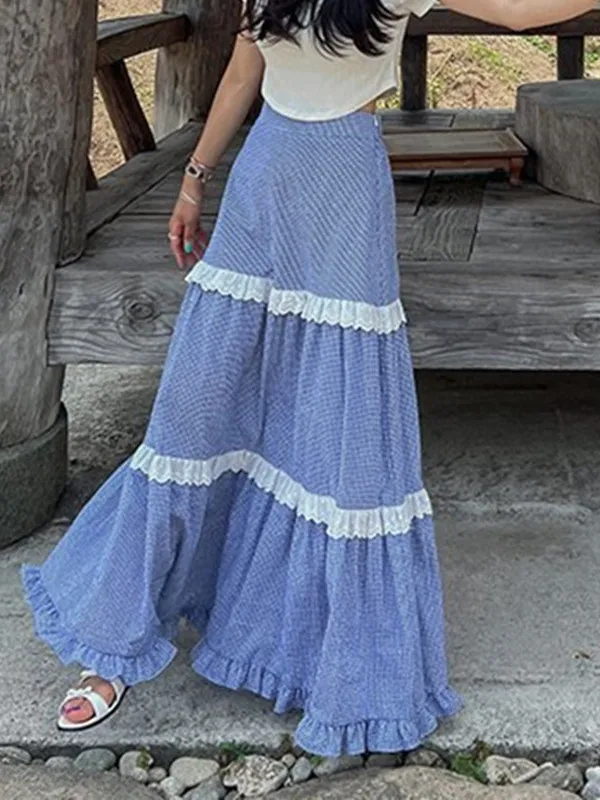 

Retro Plaid Splicing Lace High Waist Elastic Half Skirt Women's Korean Style Atmosphere Long Skirt Beautiful Commute Style