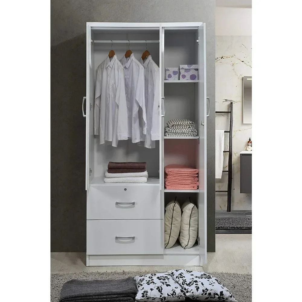 A Wardrobe Closet, Hodedah 3-Door 2-Drawers, 3-Shelves in White Bedroom Armoires, Wardrobe Cabinet with Hanging Rod