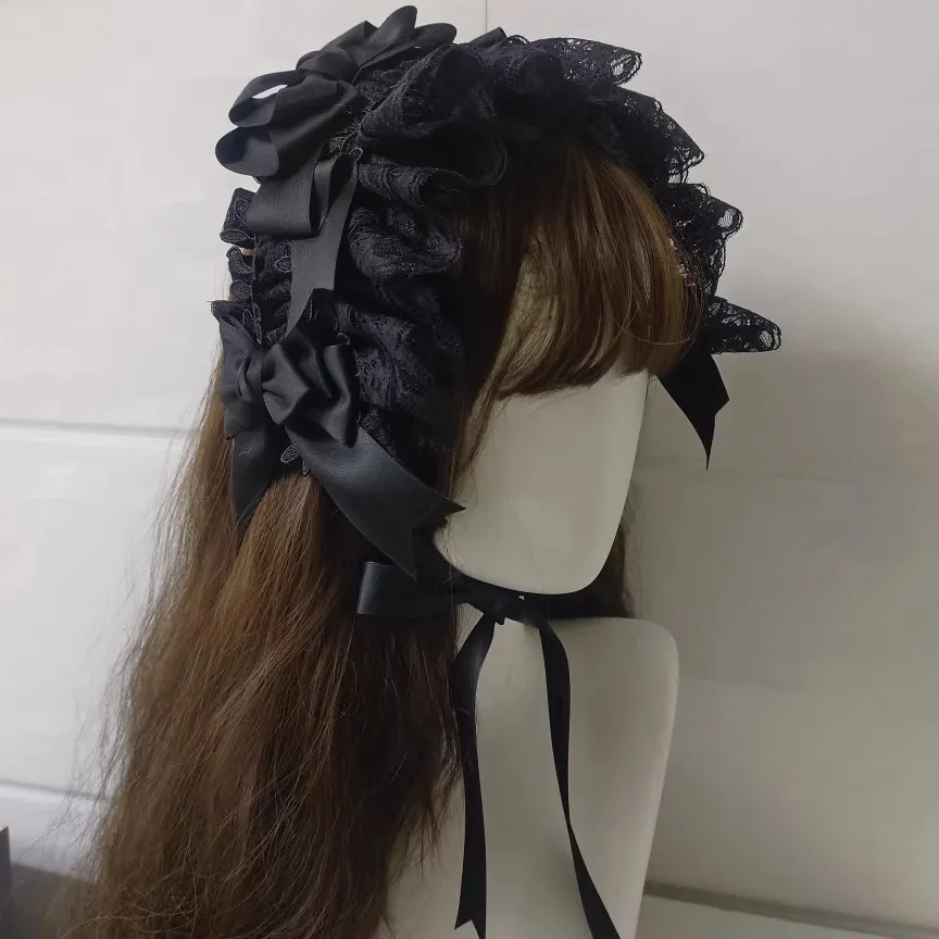 Lolita artesanal pesado laço rosa headpiece doce arco preto gótico acessório de cabelo cosplay limitado preto versátil escuro bandana