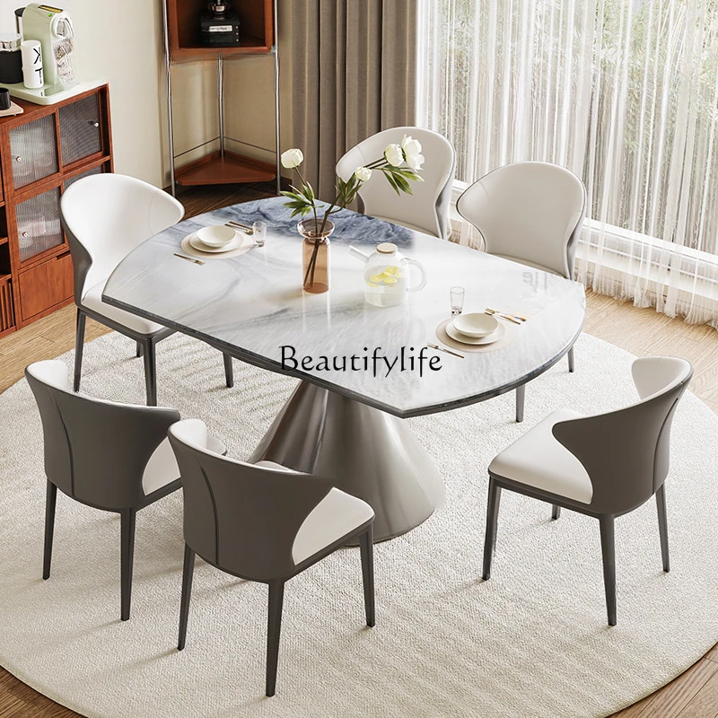 Natural microcrystalline stone retractable round dining table high-end marble high-end Italian light luxury