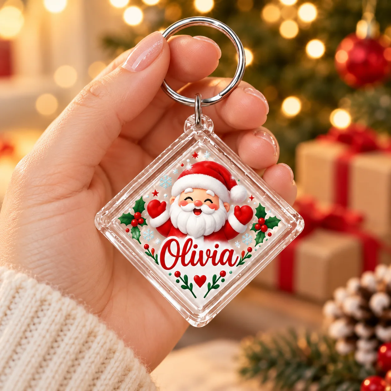 1PC Custom Christmas Acrylic Keychain Personalized Photo Name Santa Diamond Key Ring Clear Case Holiday Bag Charm Gift