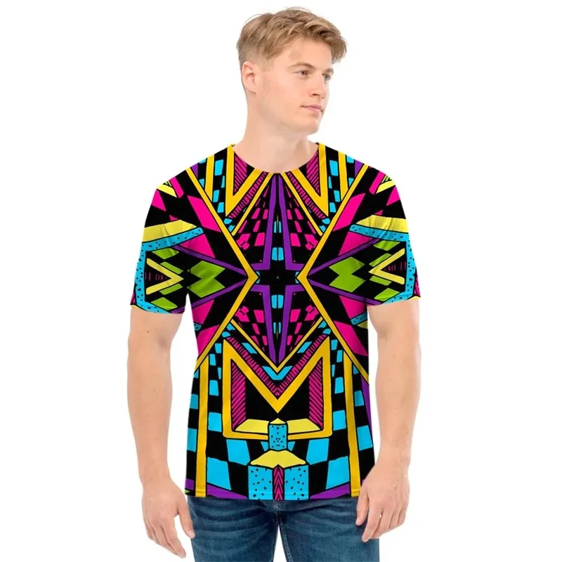 African Ethnic Pattern Print T-shirt For Men Fashion Designer Short Sleeve Crew Neck Tee Shirts Mens Large Size Tshirts Clothes