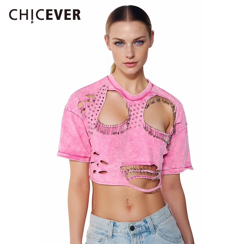 

CHICEVER Y2K Hollow Out T Shirts For Women O Neck Short Sleeve Patchwork Metal Loose Folds Summer Pullover T Shirt Female 2024