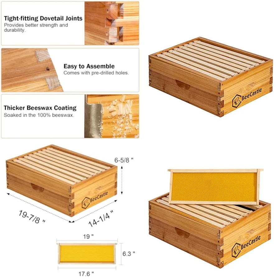 

BeeCastle 8 Frame Medium Super Bee Hive Box, Langstroth Honey Bee Hive Dipped in 100% Beeswax Include Beehive Frames and Wax Fo