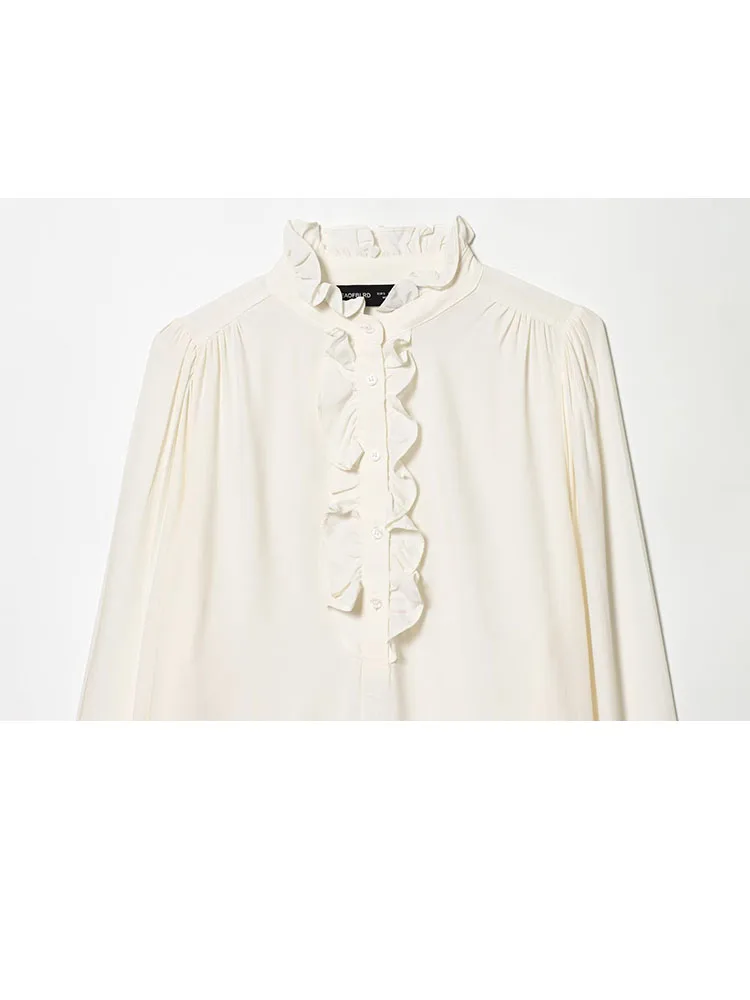 HH レディース 2026 春ファッション 無地 フリル襟 ビスコース プルオーバー トップス 女性用 エレガント ボタン飾り カジュアル 長袖シャツ