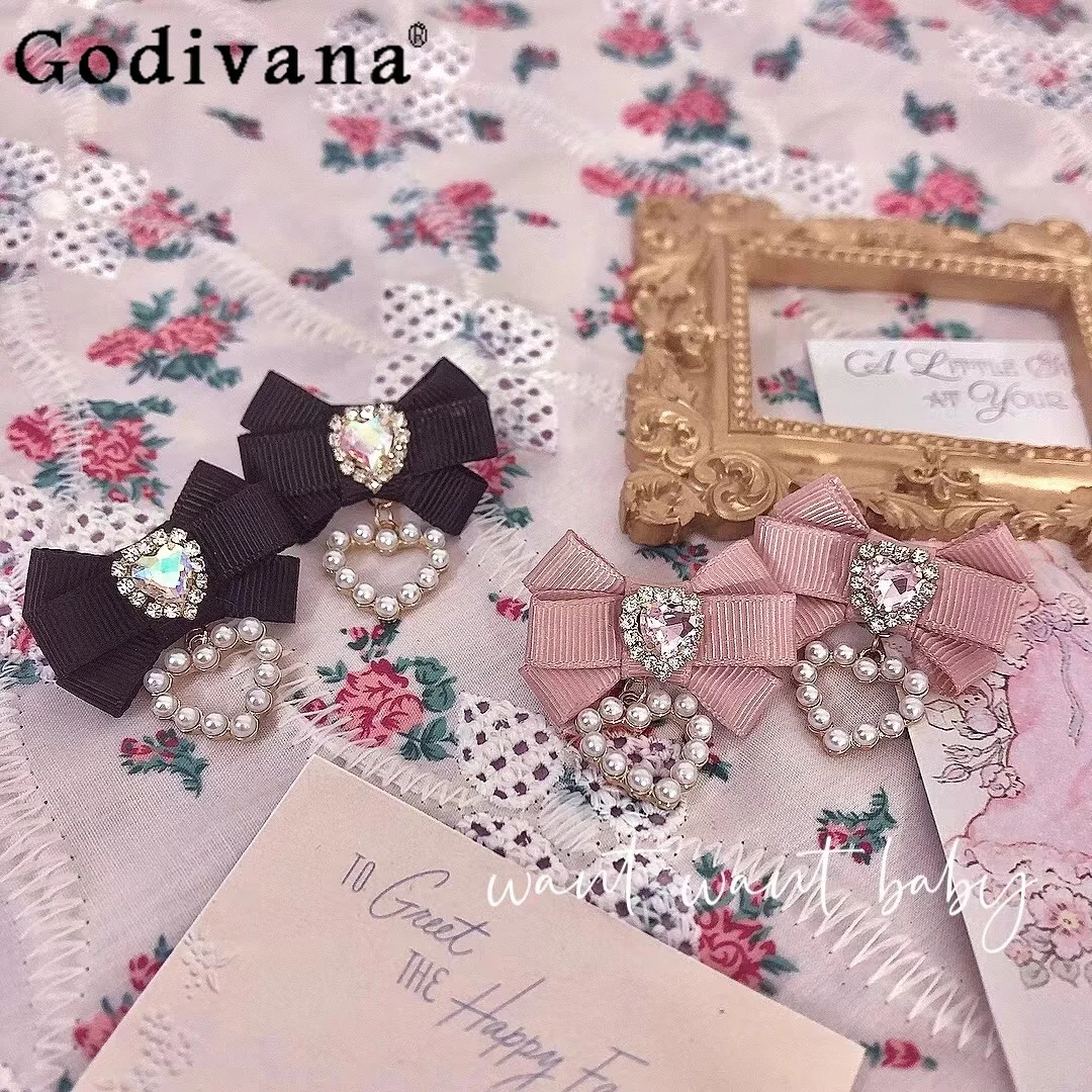 

Original Handmade Japanese Mass-Produced Bow Rhinestone Pearl Heart Lolita Earrings Girly Y2K Elegant All-Match Ear Clip Women