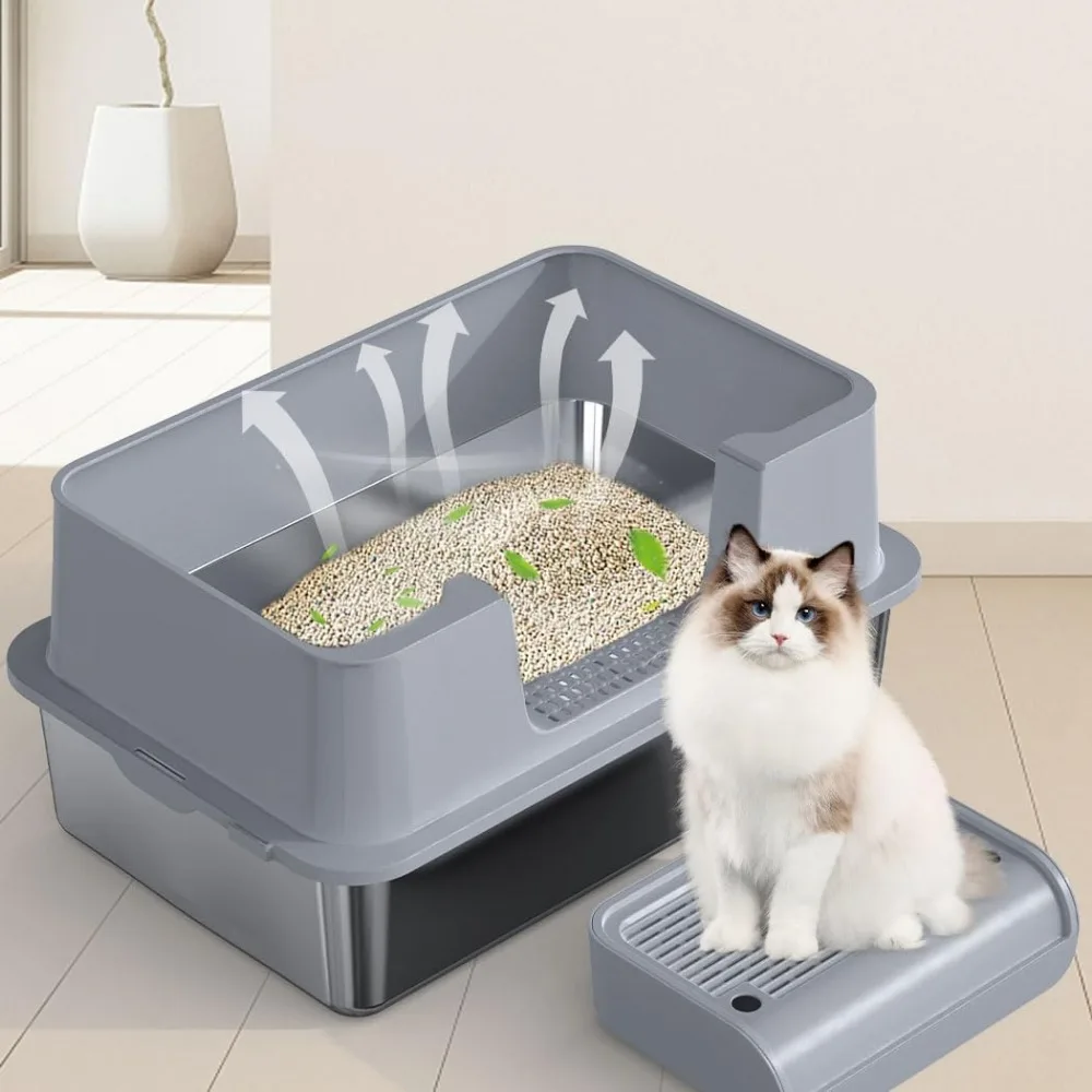 Large Enclosed Litter Box, Pan Tray with High Wall Sides,Anti-Leakage, Include Scoop and Mat, Stainless Steel Cat Litter Box