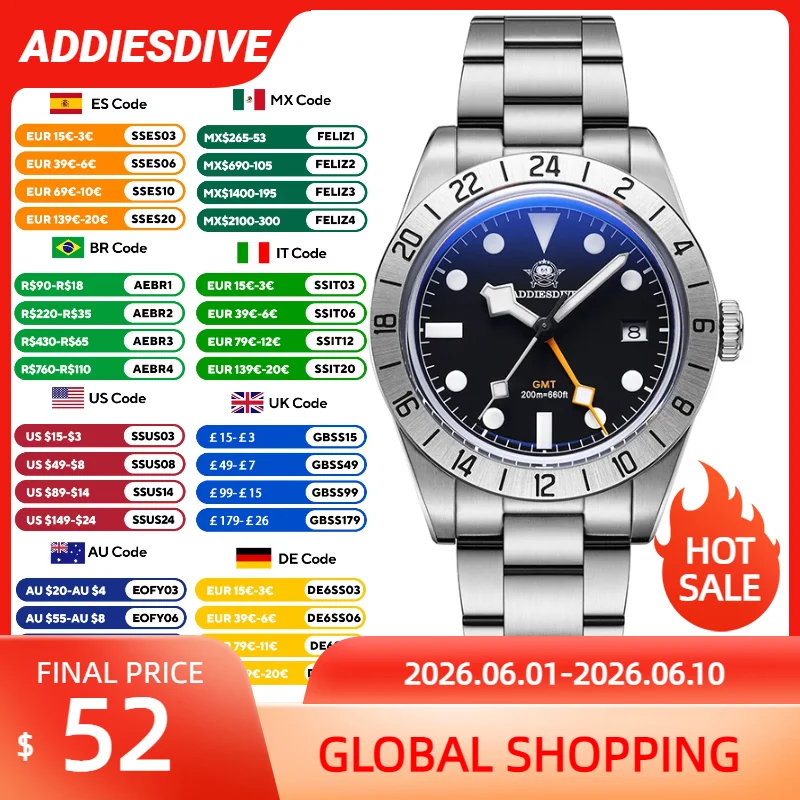 

ADDIESDIVE Hot Sale GMT Quartz Watch Stainless Steel Bubble Mirror Glass BGW9 Super Luminous Men's Watches AD2035 NEW Waterproof