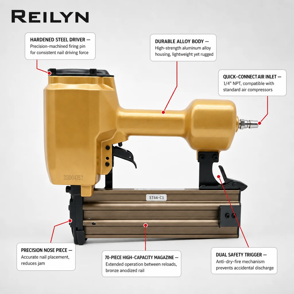 Reilyn 16GA Concrete Brad Nailer ST64-C1 Air Steel Stapler Straight Nail Gun for Furniture Frame Assembly Cabinet Building