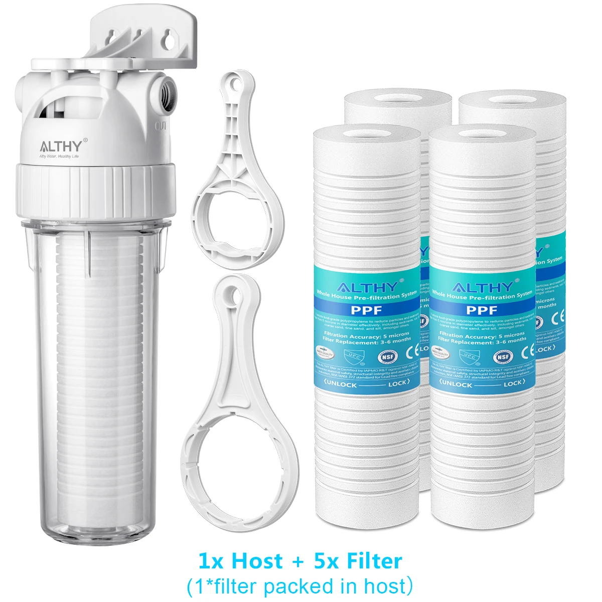ALTHY 5 micron sedimentwaterfiltersysteem voorfilterreiniger voor het hele huis, 10 inch PP-katoen voorfilter