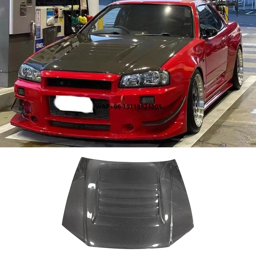 

NS Style Carbon Fiber Front Bumper Engine Hood Bonnet Cover for 1999-2002 GTR R34 Skyline Includes Screws-New Condition