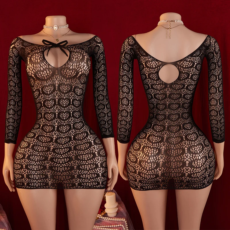 

Very Cute Heart-shaped Printed Pattern Women Sexy Close Fitting Dress Transparent Fishnet Mesh Sexy Hollow Dress Erotic Costumes