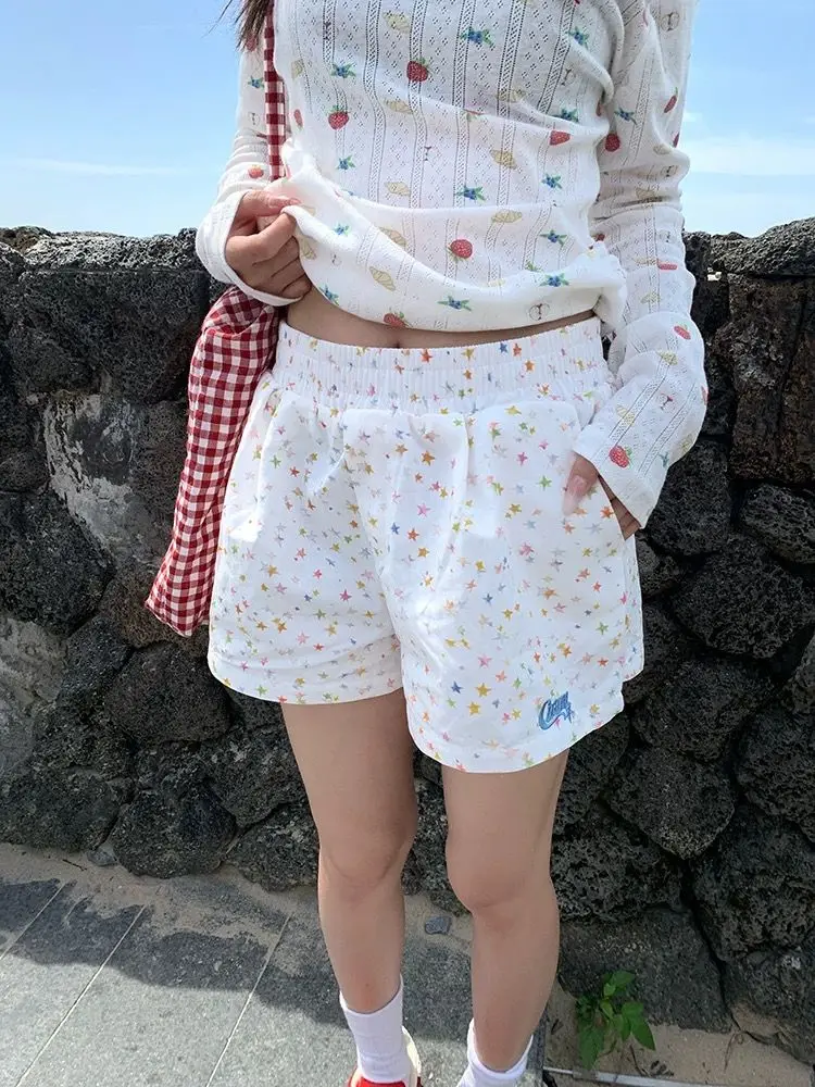 HOUZHOU Star Graphic Print Shorts Women Kawaii White Letter Embroidery Wide Leg Short Pants Cutecore Korean Fashion Baggy Casual