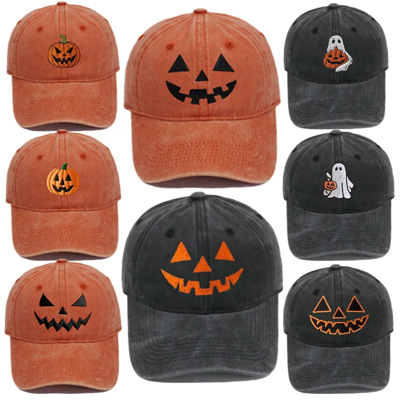 Cross-border Bestseller: Washed Soft-Top Casual Baseball Cap for Men and Women with Halloween Embroidered Pumpkin Smiley Face