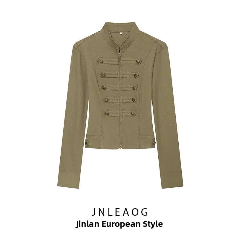JNLEAOG Summer New Fashion Napoleon Stand Collar Zipper Jacket Women's Polyester Standard Fit Long Sleeve Regular Length