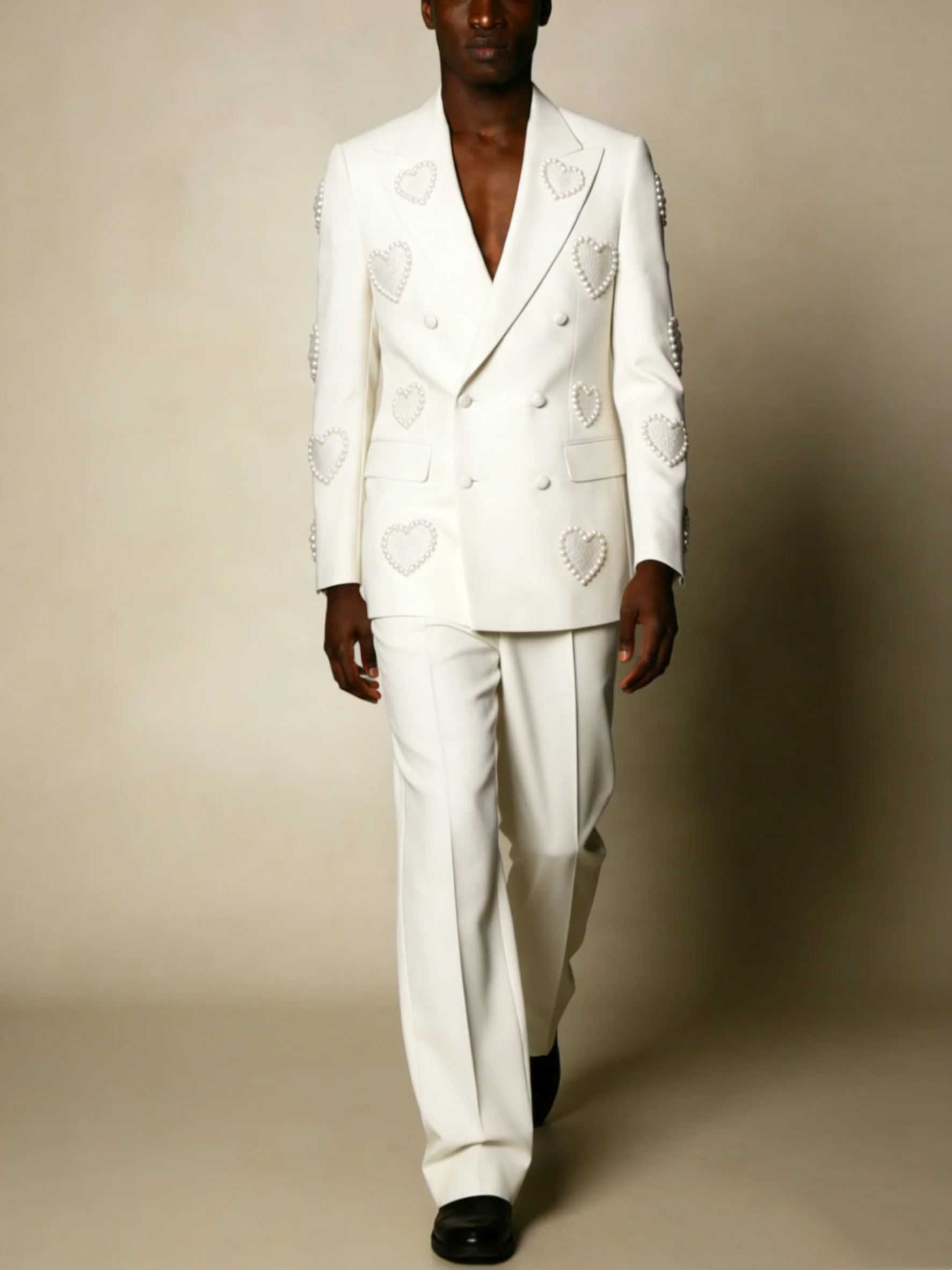 

Love Heart Pearls Men Suit Set 2 Pcs Blazer+Pants Trousers Groom Wedding Tuxedo Formal Office Business Jacket Coat Customized