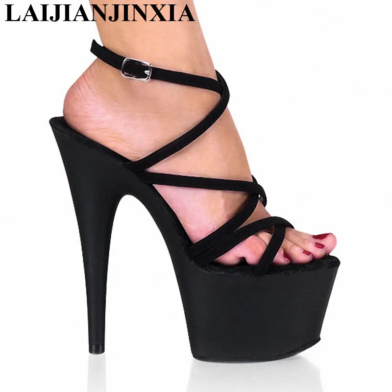 LAIJIANJINXIA New 17CM/7inches Flock Upper Fashion Sexy Exotic High Heel Platform Party Women Sandals Pole Dance Shoes G058