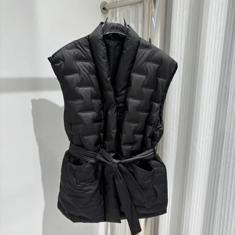 الشتاء الخريف الأبيض بطة أسفل سترة فضفاضة البخاخ أسفل سترة دون أكمام حزام المرأة خفيفة الوزن الأبيض بطة أسفل صدرية الإناث