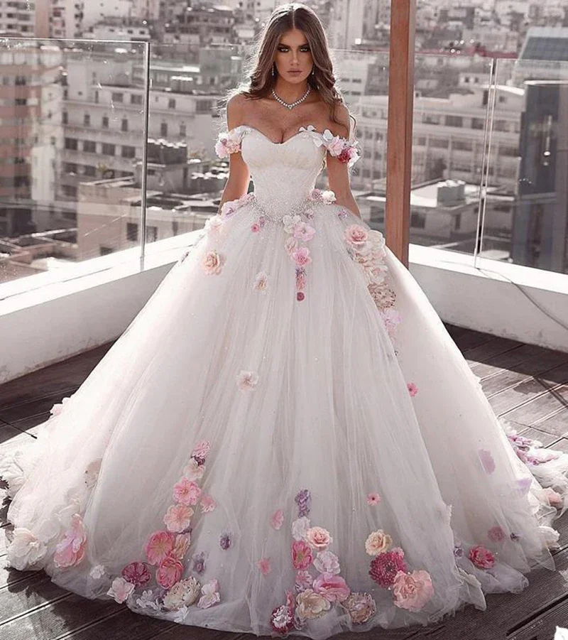 Charmoso vestido de casamento 3d flor applique renda querida fora do ombro rendas até vestido de baile até o chão vestidos de noiva feitos sob encomenda