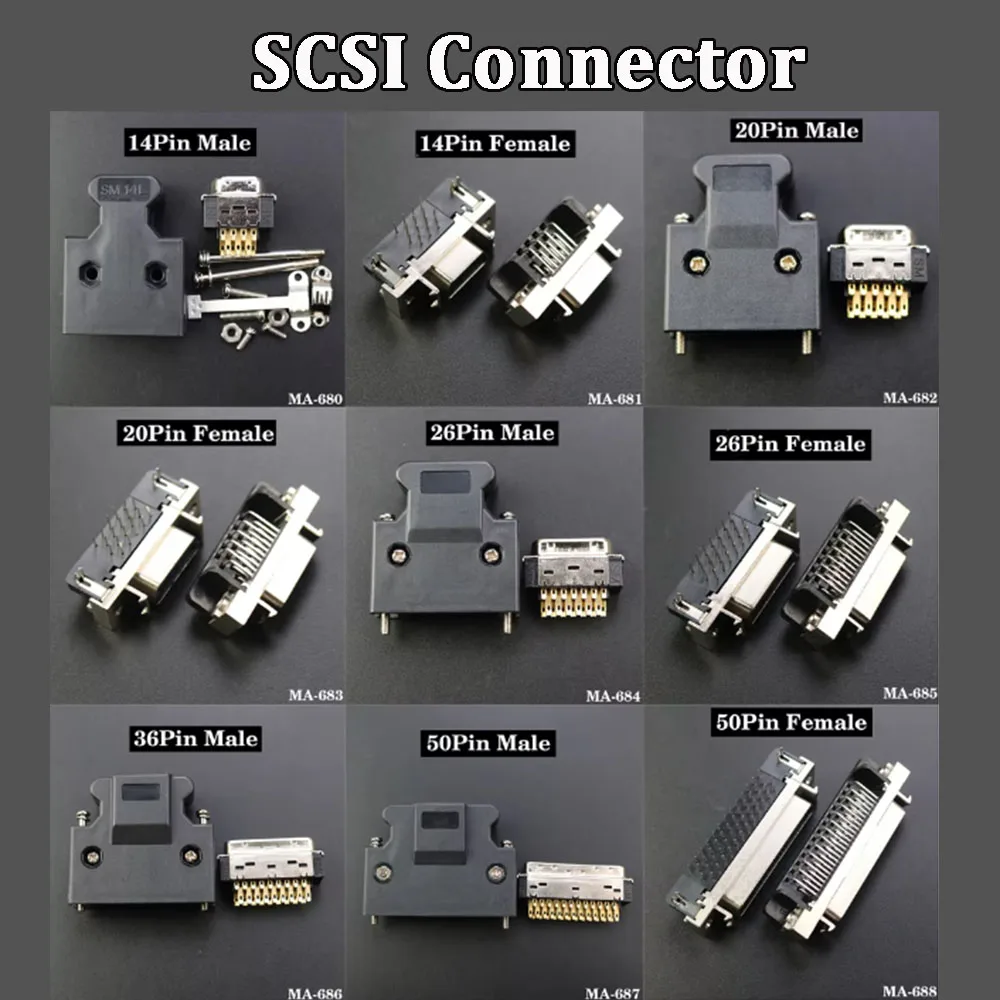 DIY SCSI Connector MDR 14 20 26 36 50 Pin Male/Female Socket Connector Servo Receptacles Header Gold Plated Contact Cable Mount