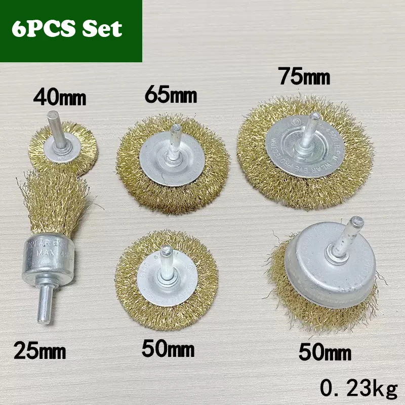 3/5/6 Stück 6mm 1/4" Schaft Messingbeschichtete Kohlenstoffstahl-Drahtbürste (Teller-/Rad-/Endbürste) für Bohrmaschinen und Rotationswerkzeuge zur Metallrostentfernung, Polieren und Reinigen – Detail 14