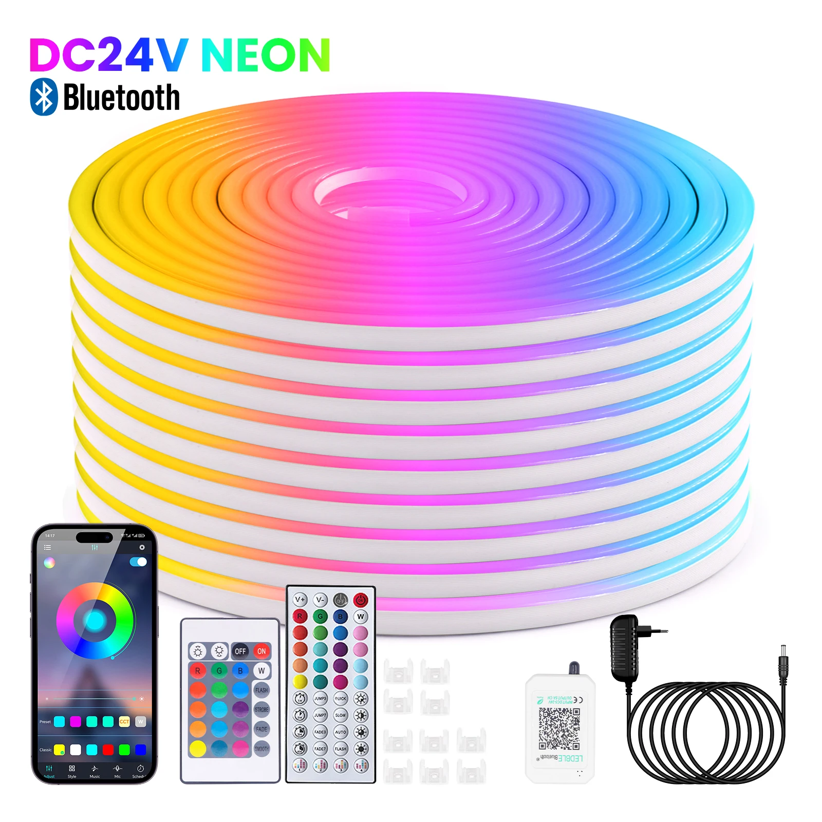 

DC 24V RGB LED Neon Strip Neon Lights for Room Bluetooth APP 24 44Keys Remote Control with Music Sync RGB Neon LED Tape DIY Sign