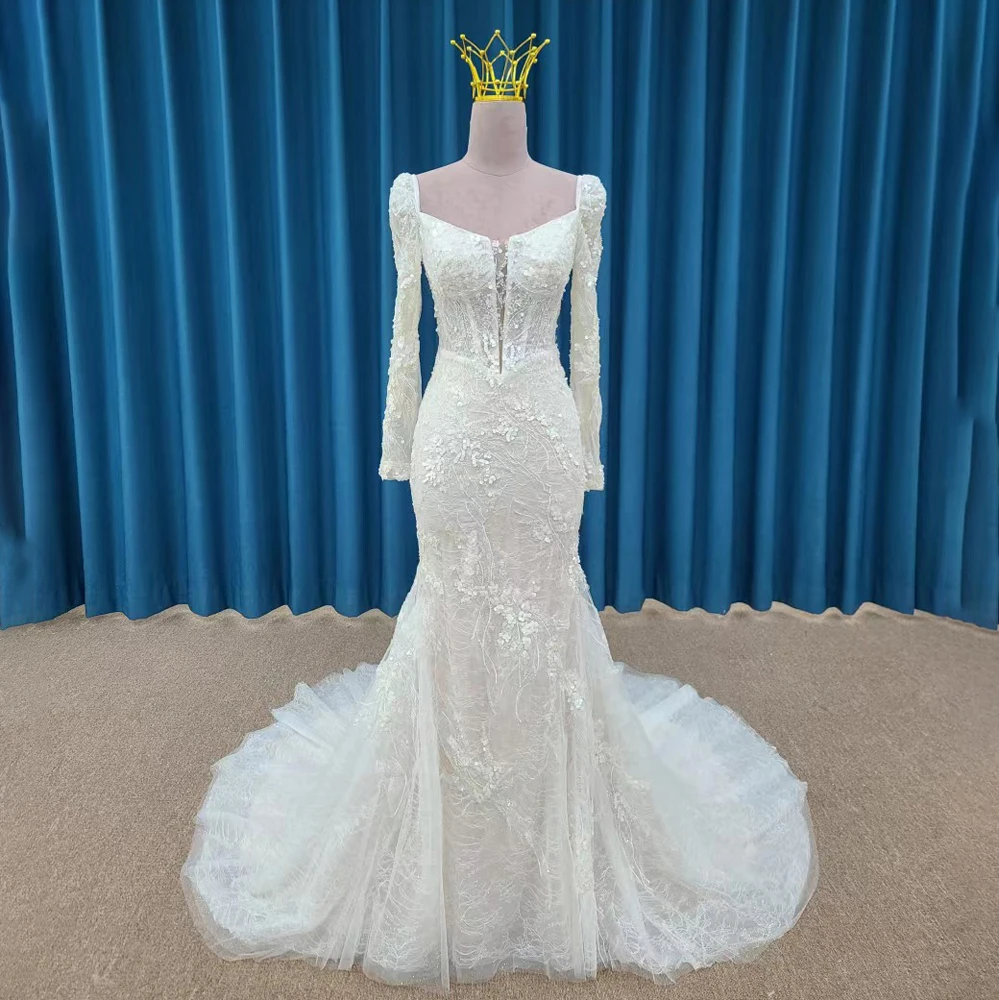 Ternos de casamento linha A feminino, vestido de casamento com gola quadrada, mangas completas, zíper, internacional, atacado, LSSM025