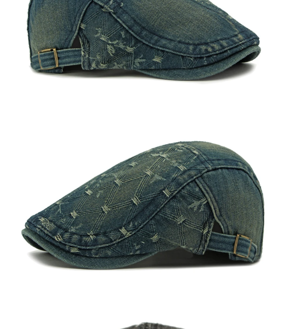 HT4728 Herren- und Damen-Baskenmützen, Verstellbare Ivy-Flatcaps, Künstler- und Malermützen für Frauen, 100% Baumwolle, Hochwertige Denim-Baskenmütze – Detail 10
