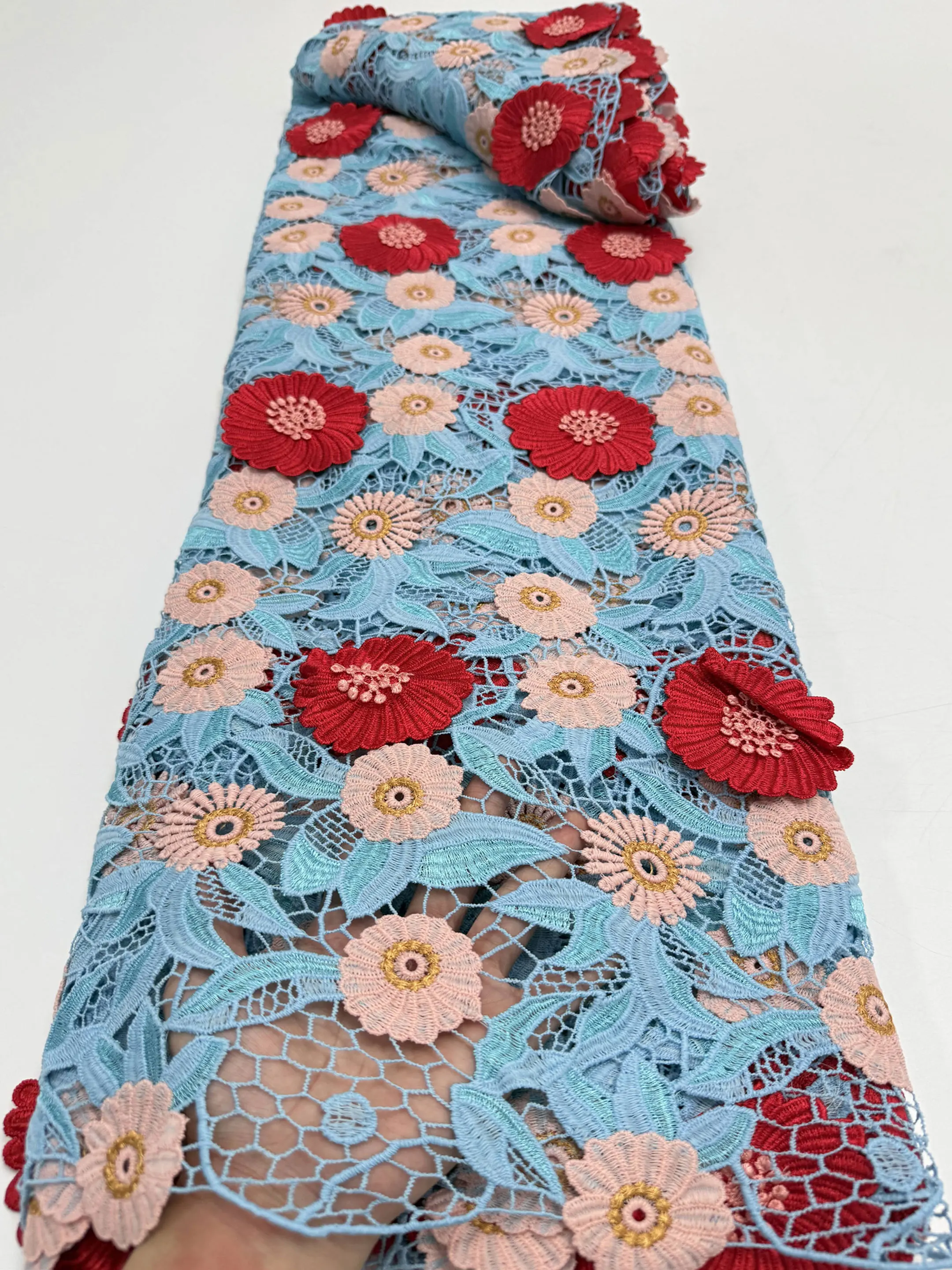 

African High-Quality 3D Applique Embroidery Mesh Guipure Cord Lace Fabric Water Soluble for Women's Dress Sewing Nigeria