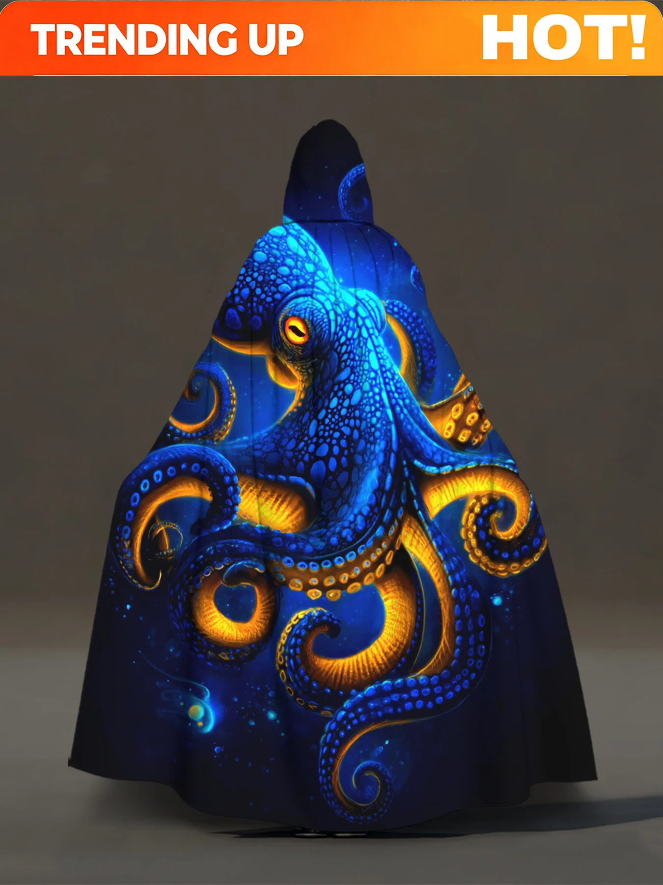 Customization 1pc Glowing Blue Octopus Hooded Robe - Full-Body Octopus Print Hooded Cloak Suitable For Cosplay, Medieval