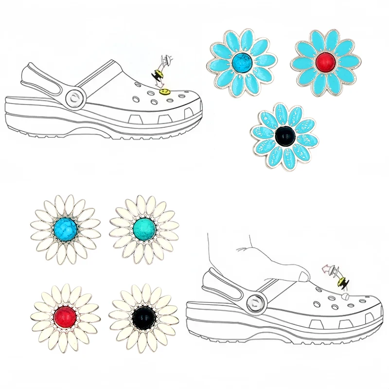 16Pcs Metal Flower Shoes Charms Detachable Shoes Accessories Pines Simulated Turquoise Kawaii Vintage Clogs Hole Sandals Adornos view 6