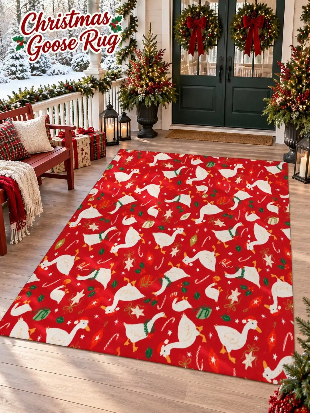 Christmas Rug Goose Scarf Stars Floor Decor Carpet Living Room Bedroom Dining Area Entryway Apartment Cottage Winter Home Styling Beside Sofa Reading Chair Housewarming Birthday Gift for Family Friends Neighbors Homeowners Holiday Dinner Gatherings