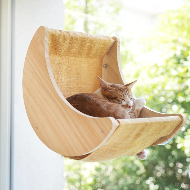 Cat Shelf Wall Hammock Moon Shaped Climbing Shelves And Perches Ladder Solid Wood Steps For Activity Indoor Cats Windo Furniture