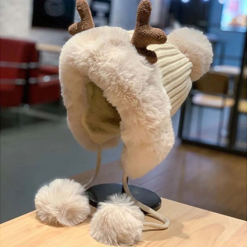 Winter-Strickmütze, Verdickte Hirschgeweih-Beanie, Winddichte Thermische Ohrenschutzkappe, Weiche Gerippte Warme Ohrenklappenmütze für Jugendliche – Detail 6