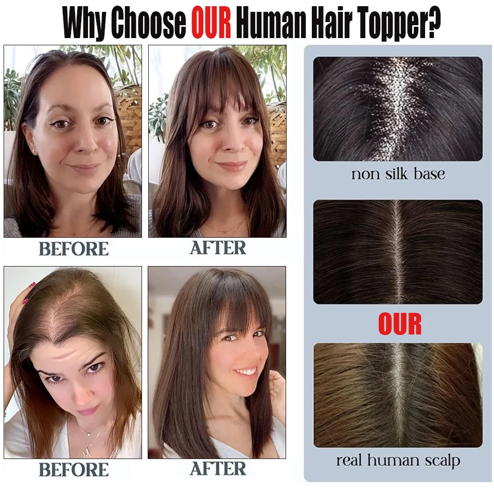 Dazzeal Hair Topper Human Hair Toppers For Women\'s Clips On Hairpieces Top 10x12 Natural Brown Real Human Extensions Lace Topper