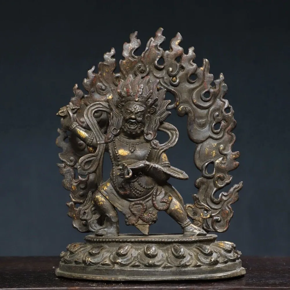 

8 Inch Antique Tibetan Buddhist Temple Bronze Gold Plated Vajrapani Bodhisattva Statue - Brass animal sculpture