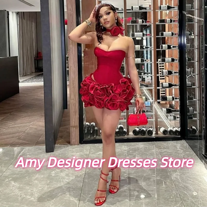 

Wine Red Strapless Birthday Dresses With Tiered Flower Ruffles African Mini Prom Gown For Women Homecoming Dress 2025 Customized