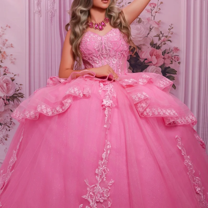 

Pink Quinceanera Dress off-shoulder Sequins Decal Lace Layering Long tail Bow vestidos de 15 Quinceanera ﻿Customize