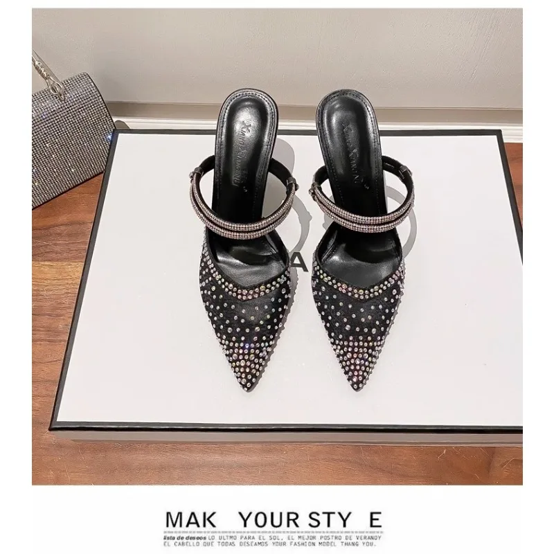 NewFemale Baotou Sandals Thin Heel Slippers Outside Wearing Small Size Pointed High Heels Rhinestone Mesh Sexy DESIGNERS