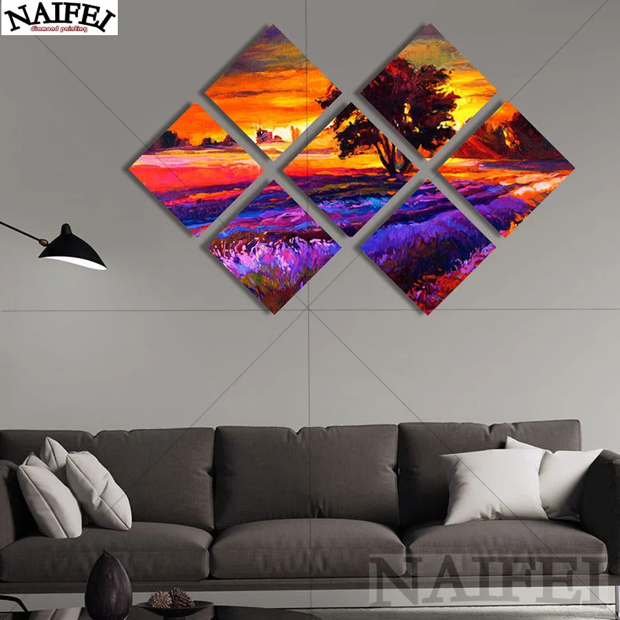 Full Diamond Painting Cross Stitch, 5D Diamond Embroidery, Mosaic Multi-picture Stickers Decor, Sunset and Tree Landscape, 7 PCs